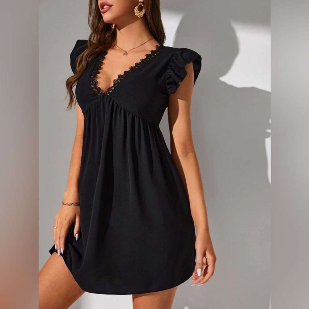 Tall M Black Lace Trim deep v neck babydoll dress